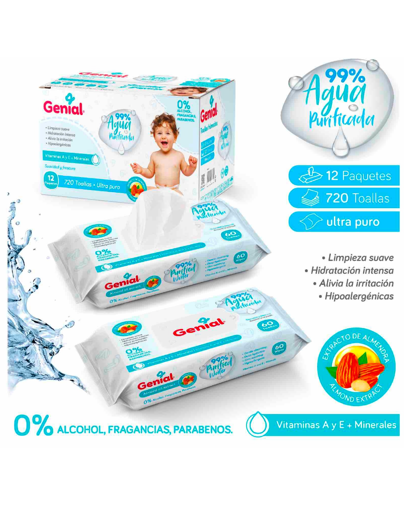 TOALLAS HUMEDAS DE AGUA PURIFICADA 60 UND GN-BW55-60